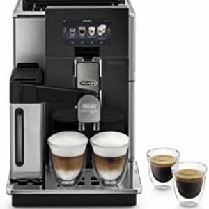 De'Longhi Maestosa EPAM960.55.GM Kaffeevollautomat mit 5-Zoll-Farbdisplay, automatischer Milchschaum, 2-Tassen-Funktion, 1550W, großer 2,1 L Wassertank, 29 x 46,8 x 40,5 cm Schwarz/Silber