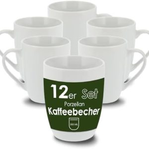 Level One 12 Stück Kaffeebecher 300ml aus hochwertigem Porzellan, Kaffeetasse in weiß, Kaffeebecher mit Henkel, Spülmaschinen- & Mikrowellengeeignet