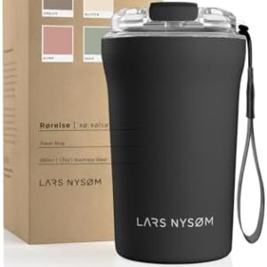 LARS NYSØM Thermo Kaffeebecher-to-go mit Trageschlaufe & Tritan Deckel | BPA-freier Travel Mug 0,38 Liter mit Isolierung | Auslaufsicherer Edelstahl Thermobecher für Café & Tee (Onyx Black, 380ml)