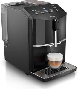 Siemens Kaffeevollautomat EQ300 TF301E19, für viele Kaffeespezialitäten, Milchaufschäumer, Keramikmahlwerk, OneTouch-Funktion, 1300 W, piano black