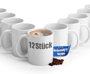 BigDean 12 Stück große Kaffeebecher weiß 300ml spülmaschinenfest aus hochwertigem Porzellan - Tassen zum Bemalen - Kaffeepott Glühweinbecher Kaffeetasse weiß - Kaffeetassen Set groß