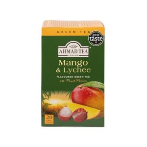 Ahmad Tea - Mango & Lychee - Grüner Tee mit Mango und Litschi - Mit Fruchtstücken - Einzeln Verpackte, Aromaversiegelte Teebeutel mit 2g Tee pro Portion - 20 Teebeutel mit Band