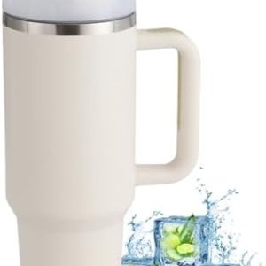 PRAOAHEI 40oz Thermobecher mit Strohhalm und Henkel,1180 ML Doppelwandiger Edelstahl Heiße Kalte Getränke Vakuum Trinkbecher,Kaffeebecher für Zuhause Reisen Weiß