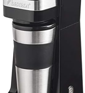 Bestron Kaffeemaschine mit Isolierbecher, Camping Kaffeemaschine für gemahlenen Filterkaffee, kleine Kaffeemaschine für 2 Große Tassen, 750 Watt, Farbe: Schwarz/Silber