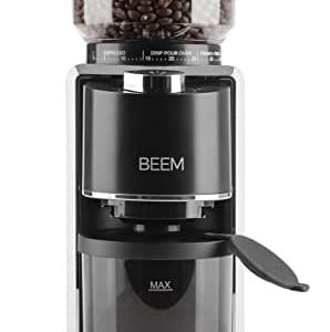 BEEM GRIND-PERFECT Elektrische Kaffeemühle - 250 g | 35-stufige Mahlgradeinstellung, Kegelmahlwerk, Mengendosierung per Drehrad einstellbar (2-12 Tassen) | Direkt in Siebträger mit Ø 52-58 mm mahlen