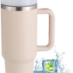 PRAOAHEI 40oz Thermobecher mit Strohhalm und Henkel,1180 ML Doppelwandiger Edelstahl Heiße Kalte Getränke Vakuum Trinkbecher,Kaffeebecher für Zuhause Reisen Sakura Rosa