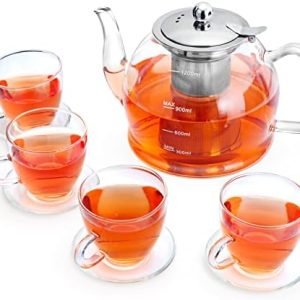 1200ML Teekanne Glas Set, Teekanne mit Siebeinsatz, Teeservice 4 Gläser, Borosilikatglas Teekanne, Glasteekanne, Teekanne Glas mit Siebeinsatz, Tee-Ei für lose Blätter Teekanne Set