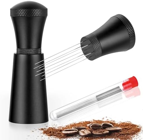 Sueyale Wdt Tool, Aluminium Wdt Tool Espresso mit Ständer 7 x 0.3mm 304 Edelstahl Espresso Nadel Kaffee Distributor für Barista,Schwarz (Extra 7 Ersatznadeln)