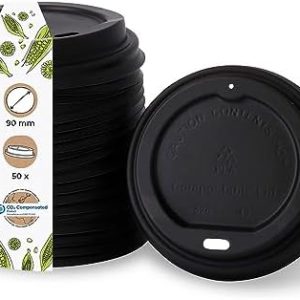 BIOZOYG Coffee To Go Deckel für Trinkbecher Ø 90mm I 50 Deckel für Pappbecher aus CPLA Biokunststoff 100% biologisch abbaubar, kompostierbar, recycelbar I Trinkloch Becherdeckel flach schwarz