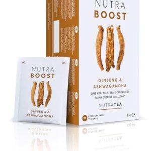 Nutra Tea NUTRABOOST, Ashwagandha Tee hilft körperliche und emotionale Ausdauer zu optimieren, wirkt Stressresistent und fördert Konzentration, 20 wiederverwendbare Teebeutel, Stressfrei Tee