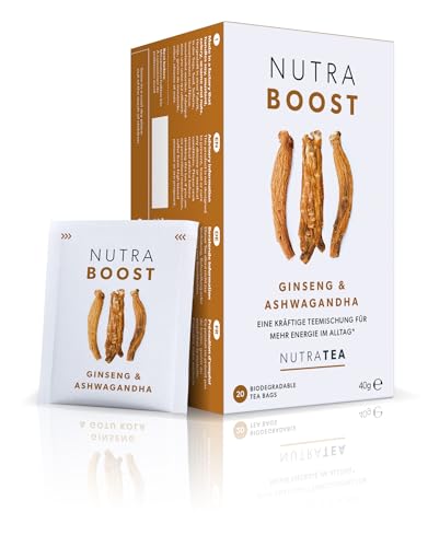 Nutra Tea NUTRABOOST, Ashwagandha Tee hilft körperliche und emotionale Ausdauer zu optimieren, wirkt Stressresistent und fördert Konzentration, 20 wiederverwendbare Teebeutel, Stressfrei Tee