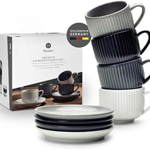 Diemker Premium Espressotassen Set (Mit Henkel & Untertasse) | Espresso Tassen 85ml, in vier Farben, handgefertigt, Mokka, Mokkatassen, dickwandig, kombinierbar, Doppio, Lungo, Italiensch