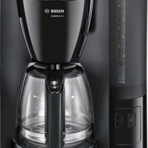 Bosch Filterkaffeemaschine ComfortLine TKA6A043, Aroma+, Aromaschutz-Glaskanne 1,25 L, für 10-15 Tassen, abnehmbarer Wassertank, Tropfstopp, schwenkbarer Filterträger, Kabelstaufach, 1200 W, schwarz