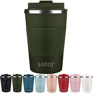 SUNTQ Kaffeebecher to go Thermo aus Edelstahl - Thermobecher mit Gummierte Manschette Doppelwand Isoliert - Kaffeetasse mit Auslaufsicherem Deckel Wiederverwendbar, Grün 380ml