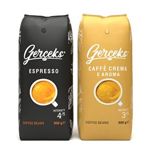 GERCEKS Kaffeebohnen Probierset 1kg, Espresso Kaffee & Caffe Crema, Espressobohnen kräftig und schokoladig, Barista Bohnenkaffee mit wenig Säure, Arabica und Robusta, mittlere Röstung, 2x 500g Pack