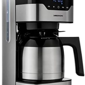 MEDION Kaffeemaschine mit Thermoskanne und Timer (Filtermaschine, 8 Tassen, 1,2 Liter, 900 Watt, 3 Stufen, Warmhaltefunktion, Timer Zeitschaltuhr, Antitropf, Display, MD18458) edelstahl