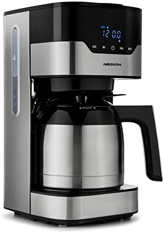 MEDION Kaffeemaschine mit Thermoskanne und Timer (Filtermaschine, 8 Tassen, 1,2 Liter, 900 Watt, 3 Stufen, Warmhaltefunktion, Timer Zeitschaltuhr, Antitropf, Display, MD18458) edelstahl