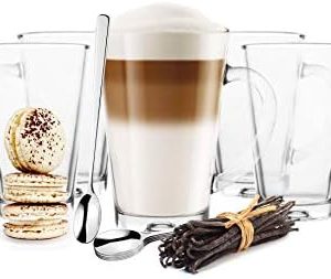 Sendez 6 Latte Macchiato Gläser 350 ml mit Henkel und 6 Löffel Kaffeegläser Teegläser