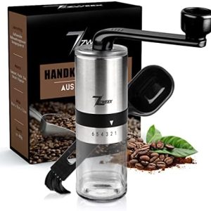 Zweex Kaffeemühle manuell aus Edelstahl und Glas Handkaffeemühle Keramikmahlwerk Coffee grinder Handkaffeemühle mit 6 Mahlgradeinstellung Espressomühle Inkl. Bürste und Tasche