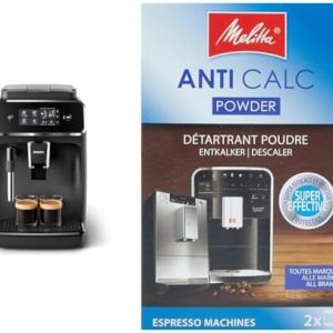 Philips Series 2200 Vollautomatische Espressomaschine mit klassischem Milchaufschäumer & Melitta 178582 Entkalker Kaffeevollautomaten Anti Calc Espresso 2 Pulver Beutel je 40g