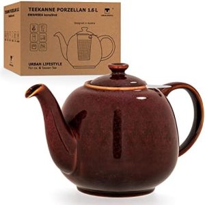 Teekanne Mit Siebeinsatz Swansea Korallen Rot 1,6 L mit Filter, aus Porzellan von URBAN LIFESTYLE, Teekanne die tropffrei ist. Teekanne mit Siebeinsatz Porzellan