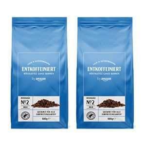 by Amazon Entkoffeinierte Kaffeebohnen Decaffeinato, Leichte Röstung, 1 kg (2 Packungen mit 500g) – Rainforest Alliance-Zertifizierung (Früher Marke Happy Belly)