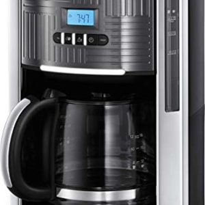 Russell Hobbs Kaffeemaschine [Digitaler Timer, Brausekopf für optimale Extraktion&Aroma] Geo Edelstahl Grau (max 12 Tassen, 1,5l Glaskanne, Warmhalteplatte, 1000W) Filterkaffeemaschine 25270-56