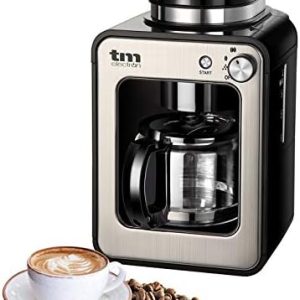 TM Electron Mini-Kaffeemaschine mit Kaffeemühle, 4 Tassen, für Kaffeebohnen, 600 W, waschbarer Filter silber