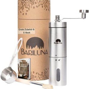 BARILUNA® Premium Kaffeemühle, manuell mit Keramikmahlwerk | Handkaffeemühle ohne abrutschen| Espressomühle aus wertigem Edelstahl | Mahlgradeinstellung | Coffee grinder für Camping und Wohnmobil