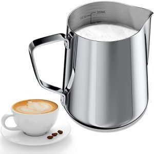 Gvolatee 350ml Milchkännchen zum Milchaufschäumen 304 Edelstahl, Milchkanne mit Messung Mark 12oz für Barista, Milch Pitcher für Cappuccino, Latte Art,Espresso, Perfekt für Kaffeeliebhabe, Silber