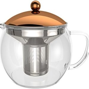 bonVIVO Teapot Tempa Teebereiter Mit Herausnehmbarem Edelstahl-Sieb, Glaskanne Aus Borosilikat-Glas, Hitzebeständig, Glas-Teekanne Mit Deckel In Kupfer-Chrom-Look, Tea Infuser, 1500ml