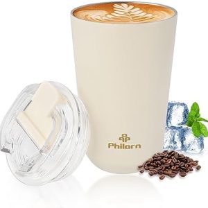 Philorn Thermobecher Kaffee to go Becher - 13oz/380ml Kaffeebecher to go mit Deckel - Weiß Auslaufsicher Coffee to go Becher Thermo aus Edelstahl, Wiederverwendbar Kaffee Thermobecher