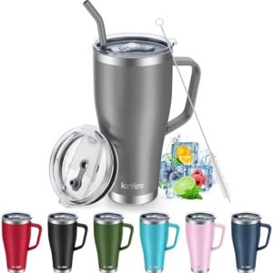 KETIEE Thermobecher mit Strohhalm 850ml- Kaffeebecher to go mit 2 Deckeln 30oz Edelstahl Isolierbecher mit Griff Autobecher Trinkbecher Tumbler Kaffeetasse für Heißer und Kalter Getränke, Grau