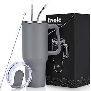 Livole 40oz 1200ml Trinkbecher mit Deckel und Strohhalm, Edelstahl Thermobecher mit Henkel, Doppelwandig Kaffeebecher to go, Vakuum Isolierter Tumbler Becher für Camping, Sport, Auto, Büro, Grau