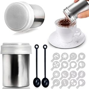 MingZhuInC Powder Sugar Shaker, 2 Stücke Kaffeeschablone, Kakao Streuer 16 Stücke Kaffee Schablonen für Heiße Schokolade Brotdekoration (Mit Messlöffel)