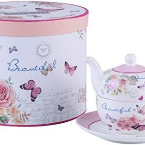 London Boutique Teekanne-, Tasse- und Untertasse-Set für eine Person im Vintage-Stil, mit Rosen- und Lavendel-Muster, Porzellan, in Geschenkbox 15x15cm Butterfly Rose