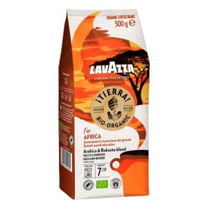 Lavazza, Tierra For Africa, Kaffeebohnen, Ideal für Espresso-Maschinen, Aromanoten von Schokolade & Getrockneten Früchten, Bio-Arabica & Robusta, Intensität 7/10, Mittlere Röstung, 500 g Packung