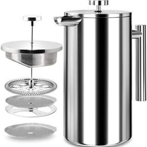 KICHLY French Press Kaffeebereiter 34 Oz - 1000 ml (4 Kaffeebecher / 8 Kaffeetassen) - Kaffeemaschine mit dreifachem Edelstahlfilter & isolierten Wänden - Silber