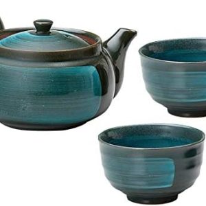 Mino Ware Japanische Kyusu Teekanne Yunomi Set Smaragd-Linie Muster auf Braun