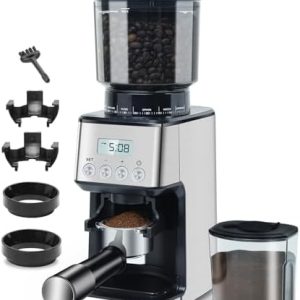 Homtone Elektrische Kaffeemühle Edelstahl-Kegelmahlwerk, 51-stufige Einstellbare Mahlgrad Kaffeemühle Espressomühle, Automatische Kaffeemühle für Siebträger, Edelstahl, Silber