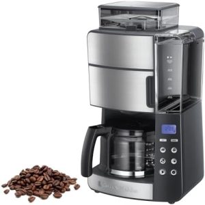 Russell Hobbs Kaffeemaschine mit Mahlwerk Glaskanne [Digitaler Timer, Brausekopf für opt. Extraktion & Aroma] Grind&Brew (max 10 Tassen, 3-stufige Mahlgradeinstellung) Filterkaffeemaschine 25610-56