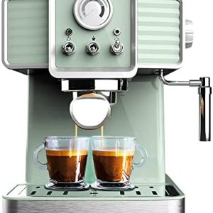 Cecotec Espressomaschine Power Espresso 20 Tradizionale Light Green, 1350 W, Espresso und Cappuccino, 20 Bar und Thermoblock, Dampfauslass, Manometer, Vintage-Design, Fassungsvermögen 1,5 Liter