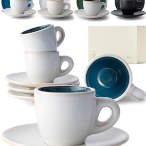 KIVY Espressotassen Set [4 x 75ml] - Handgefertigt aus dickwandigem Steingut Tasse - Espresso Tassen Set mit Untertasse - Espressotassen dickwandig italienisch - Espressotasse Blau Beige - Mokkatassen