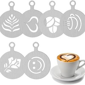 Kaffeeschablonen aus Edelstahl, 6 Pcs Kaffee-Dekorationsschablone cappuccino schablonen kaffee schablonen kaffee Latte Art Schablonen tortenschablone für Kaffee Kuchen Dekorieren (Stil 1)