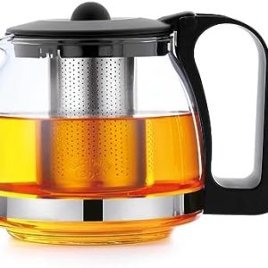 T24 Teekanne aus Glas mit Siebaufsatz Hitzebeständig herausnehmbaren Edelstahl Filter Sieb, Glasteekanne mit Teesieb & Überhitzungsschutz, Ideal zur Zubereitung von Losen Tees, Teapot (1250 ml)