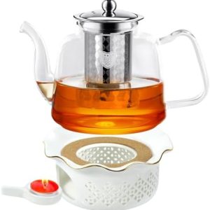 1300ML Glas Teekanne mit keramischem Warmer Set, große Kapazität (45 oz) hitzebeständige Borosilikatglas Teekanne mit abnehmbarem Edelstahl losen Tee Infuser