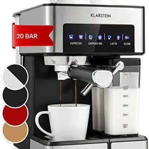 Klarstein Espresso Siebträgermaschine mit Milchaufschäumer, 1,8L Mini-Espressomaschine mit Siebträger, 20 Bar Edelstahl-Kaffeemaschine Klein, 0,5L Milchtank, 1350W für Gemahlenen Kaffee