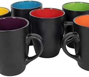 Kaffeebecher 6er Set je 340 ml - schwarz matt/innen farbig - Kaffeebecher mit Henkel - Tee Becher Kaffee Tasse aus Porzellan mehrfarbig bunt