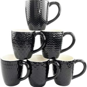 Hoikwo 380ml Kaffeetassen Set 6er, Kaffeebecher mit Reliefmuster – Moderne Becher Porzellan für Kaffee, Tee, Cappuccino, Latte, Milch, Kakao, Saft und weitere Heißgetränke (Schwarze Tassen)