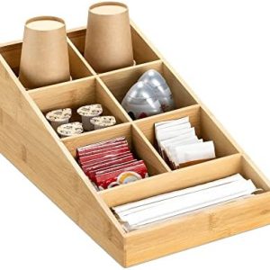 Navaris Kaffee Spender Organizer - Aufbewahrung von Kaffeezubehör - Kaffeebar für Zucker Milch Servietten Kapseln - Bambus Kaffeestation 7 Fächer